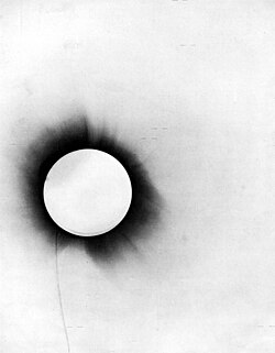 One of Eddington's photographs of the 1919 solar eclipse experiment, presented in his 1920 paper announcing its success