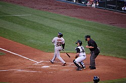 Bonds at the plate against the Rockies in 2007. Bonds would hit his final career Major League home run at Coors Field later that season.