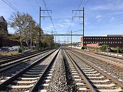 View along the Northeast Corridor tracks between Hamilton and Trenton in central New Jersey