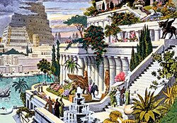 The Hanging Gardens of Babylon[23] with the Tower of Babel in the background, a 16th-century hand-coloured engraving by Martin Heemskerck