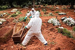 Gravediggers bury the body of a man suspected of having died of COVID-19 in the cemetery of Vila Alpina in eastern São Paulo, 3 April 2020.
