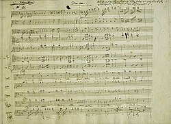Facsimile sheet of music from the Dies Irae movement of the Requiem Mass in D minor (K. 626) in Mozart's handwriting (Mozarthaus, Vienna)