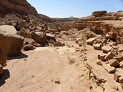 A wadi in Makhtesh Ramon, Israel, showing gravity collapse erosion on its banks