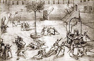 The Michelade massacre of Catholics by Huguenots in 1567