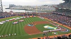 Flags from countries participating in the 2013 World Baseball Classic are shown in a pre-game ceremony on the Championship Game at AT&T Park in San Francisco, CA, USA, on March 19, 2013.