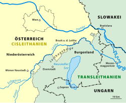 Map of the Leitha River showing the border between Cisleithania and Transleithania (coloured), as well as modern borders (black)