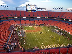 Hard Rock Stadium in Miami Gardens, Florida: Now a football-only stadium, its layout when it was a multi-purpose stadium (pictured here) placed the baseball diamond in the corner of the football field.