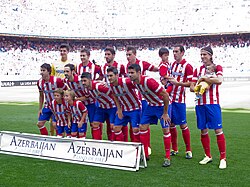 Atlético players with kits stating "Azerbaijan Land of Fire"