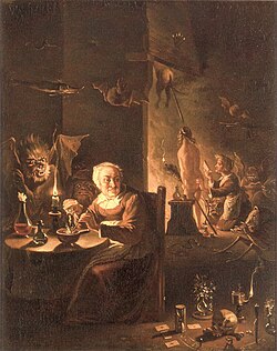 Preparation for the Witches' Sabbath by David Teniers the Younger. It shows a witch brewing a potion overlooked by her familiar spirit or a demon; items on the floor for casting a spell; and another witch reading from a grimoire while anointing the buttocks of a young witch about to fly upon an inverted besom.