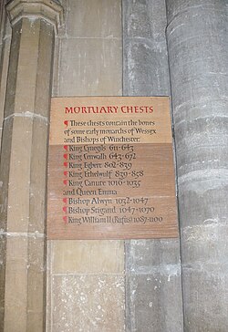 Panel with list of mortuary chests and their contents in Winchester Cathedral