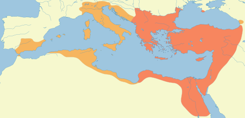 Apex of Byzantine Empire's conquests (AD 527–565)