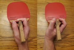 The contrasting thumb, forefinger, and wrist positions between the Traditional Penhold (left) and the Modern Chinese Penhold (right). Demonstrated on a racket built for Traditional Penhold grip.