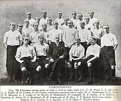 The Corinthians team of 1896–97, including Shield committee members: Charles Wreford Brown (far left, seated), N.L. Jackson (centre, seated) and R.C. Gosling (2nd left, seated)
