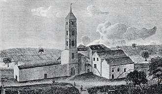 St Cuthbert's in 1772; on the left side of the tower is the Little Kirk, unroofed in 1745.
