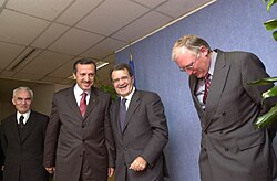 Party leader Erdoğan's meeting with Romano Prodi (President of the European Commission) and Günter Verheugen (European Commissioner for Neighbourhood and Enlargement) in Brussels, Belgium, 2002