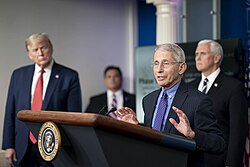 Fauci speaking to the press on the pandemic in April 2020. As in the rest of the world, previously unknown health officials became household names[274]
