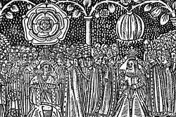 16th-century woodcut of the coronation of Henry VIII and Catherine of Aragon showing them with their respective badges: the Tudor rose and the Spanish pomegranate