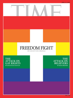 A 2015 cover of Time highlighting the conflict between some Christian denominations' views and LGBTQ rights
