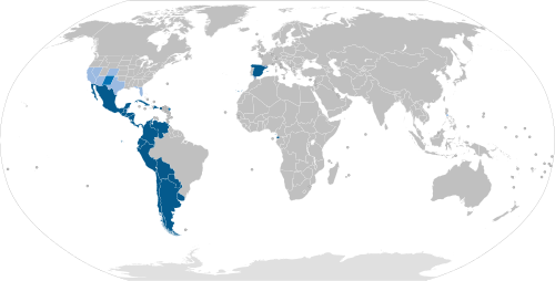 Geographic distribution of the Spanish language: Official majority language Co-official or administrative language but not majority native language Secondary language (more than 20% Spanish speakers) or culturally important
