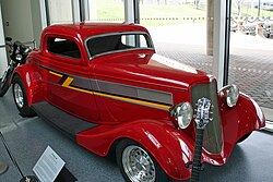 The customized 1933 Ford coupe featured on the cover of ZZ Top’s 1983 album Eliminator, photographed at the Rock and Roll Hall of Fame