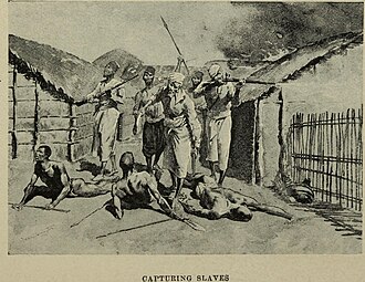 Illustration from Henry Morton Stanley's 1893 book Slavery and the Slave Trade in Africa, depicting a slave-raiding attack on an African village