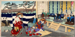 The shogun hearing a lawsuit at the Fukiage of Edo Castle, by Toyohara Chikanobu