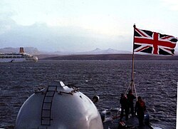 HMS Cardiff anchored outside Port Stanley at the end of hostilities in 1982
