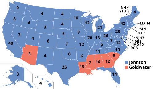 President Johnson defeated Republican Barry Goldwater in the 1964 presidential election. President Johnson was elected to a full term in one of the largest landslide election victories in American history, winning 61% of the popular vote, receiving 43,129,040 votes to Goldwater's 27,175,754 votes. President Johnson won an even larger Electoral College victory, winning 486 electoral votes to 52 for Goldwater.