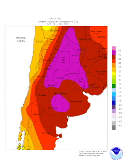 Absolute maximum temperatures recorded in Argentina during the December 2013 heat wave. This heat wave was the longest and the most intense in Argentina.[1]