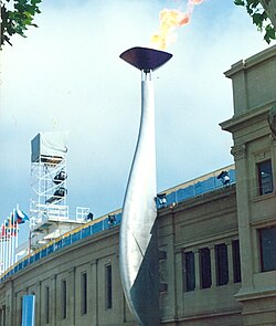 The Olympic cauldron lit during the Games in Montjuïc