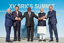 South African President Cyril Ramaphosa and other BRICS representatives during the 15th BRICS summit in Johannesburg, 23 August 2023
