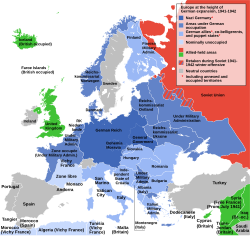 European territory occupied by Nazi Germany and its allies at its greatest extent in 1942. The German Reich is shown in the darkest blue.