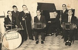 Carlos Balpreda playing drums in a typical tango orchestra in 1938