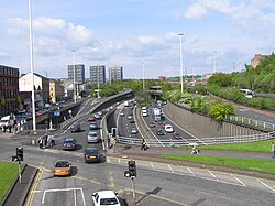 The M8, Scotland's busiest motorway, passing under Charing Cross in central Glasgow.