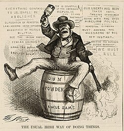 American political cartoon by Thomas Nast titled "The Usual Irish Way of Doing Things", depicting a drunken Irishman lighting a powder keg and swinging a bottle. Published 2 September 1871 in Harper's Weekly