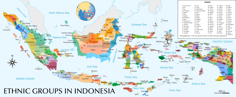 The realm of Malays is depicted in green and other related sub-ethnic groups are rendered in darker or lighter green.