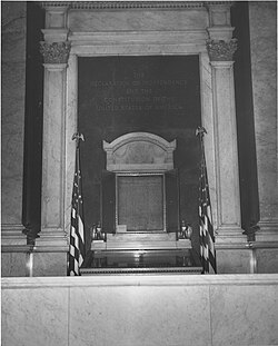 The Declaration of Independence and the Constitution on display in the Library of Congress prior to the removal to the National Archives, December 13, 1952
