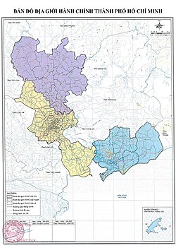 The formal map of Ho Chi Minh City (yellow) after merging with Bình Dương province (purple) and Bà Rịa–Vũng Tàu province (blue). This image contents some obsolete designations.