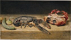 Lobster, Crab, and a Cucumber by William Henry Hunt (watercolour, 1826 or 1827)