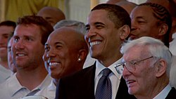 President Obama poses with the Steelers in 2009. Left to right: Ben Roethlisberger, Hines Ward, Obama, and Dan Rooney.