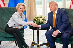 The European Union has been criticized for "chickening out" to the US on trade retaliations against it. (Trump meeting with Ursula von der Leyen pictured.)