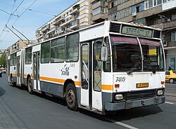 A Rocar DAC 217E articulated trolleybus in Bucharest, Romania, in April 2007