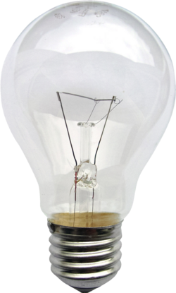 A 230-volt incandescent light bulb with a medium-sized E27 base. The coiled filament is visible between the vertical supply wires.