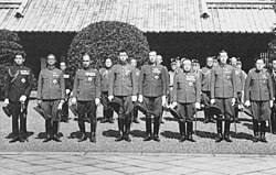 From right to left: Korean princes Yi U, Yi Geon and Yi Un as officers of the Imperial Japanese Army, together with members of the Japanese imperial family at the Yasukuni Shrine, 1938