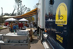 Southern Baptist Convention Disaster Relief volunteers prepare food in D'Iberville, Mississippi, September 12, 2005.