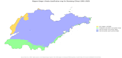 Koppen Classification map of Shandong, based on its climate from 1991 to 2020