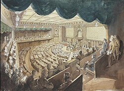 A drawing depicting a speech in the Imperial Japanese Diet on November 1, 1945, following the end of the Second World War. In the foreground are several Allied soldiers watching the proceedings from the back of the balcony.