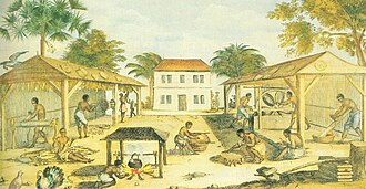 Slaves processing tobacco in 17th-century Virginia