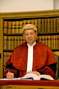Lord Woolman, Senator of the College of Justice (2008–23), wearing the court dress of a judge of the Court of Session. Judges in that court no longer wear any court dress, following a policy change towards business dress.