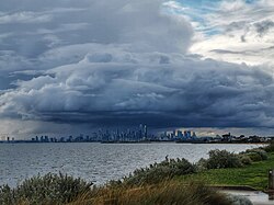 Storm passing over the CBD in August. Melbourne is said to have "four seasons in one day" due to its changeable weather.